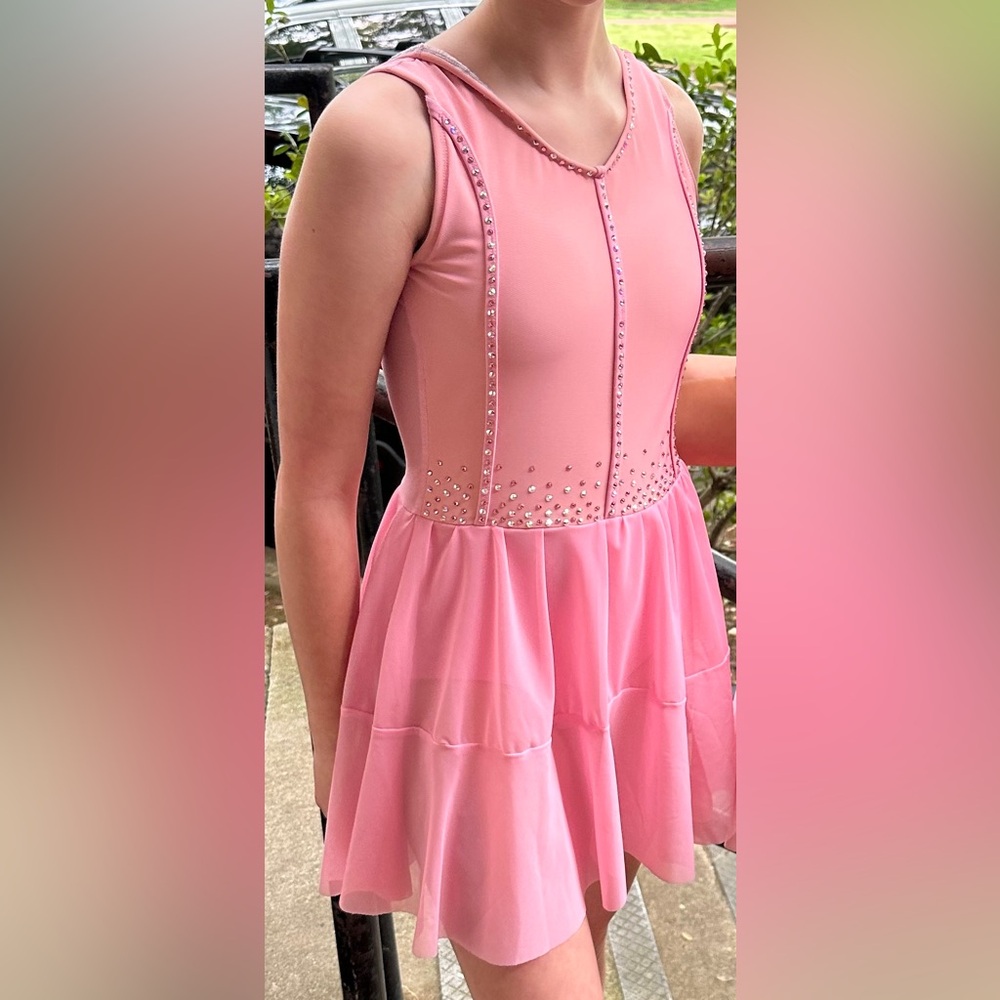 Custom Pink Lyrical Dance Costume Dress with Rhinestone Accents